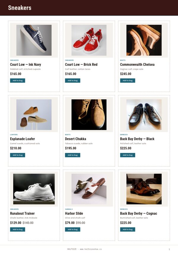 Footwear Premium — product page, 3 × 3 grid