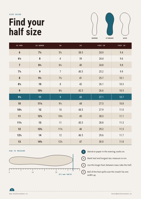 Footwear Premium — Size / Spec Guide page