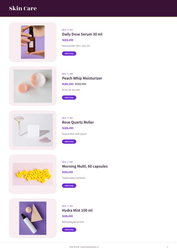 Health & Beauty Premium — product page, Line sheet