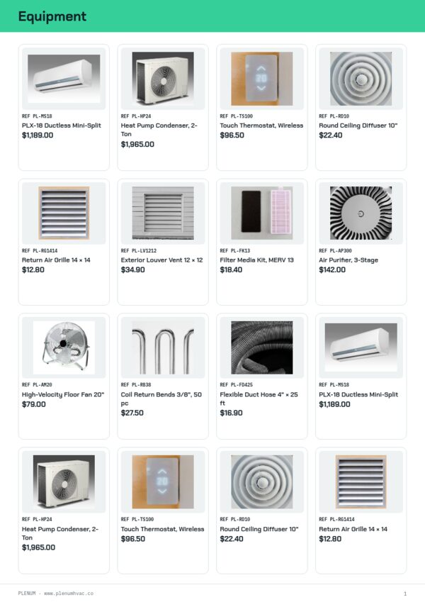 HVAC Supplies Premium — product page, 4 × 4 grid