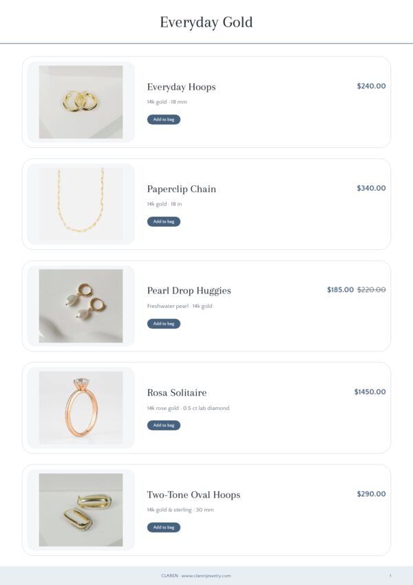 Jewelry Premium — product page, Line sheet