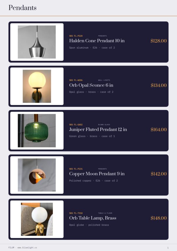 Lighting Premium — product page, Line sheet