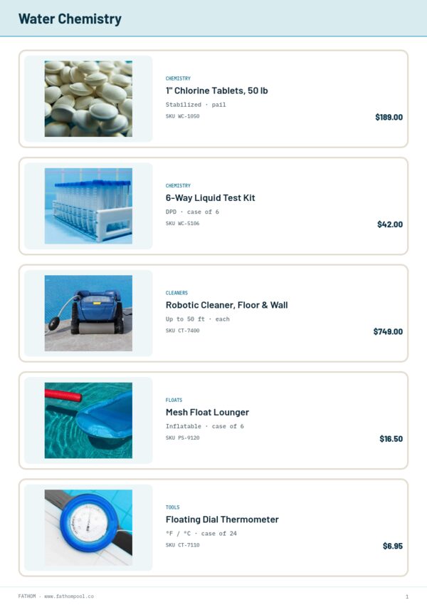 Pool & Spa Premium — product page, Line sheet