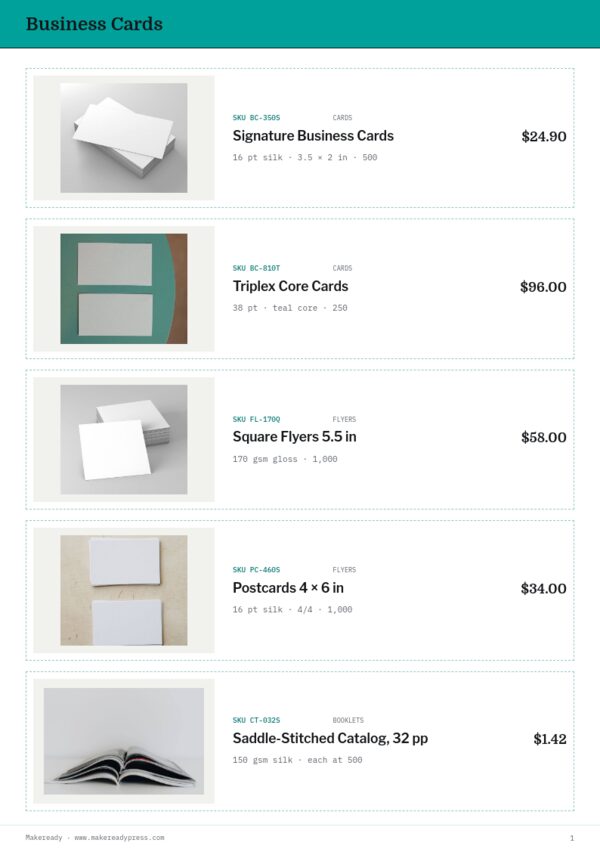 Printing Services Premium — product page, Line sheet