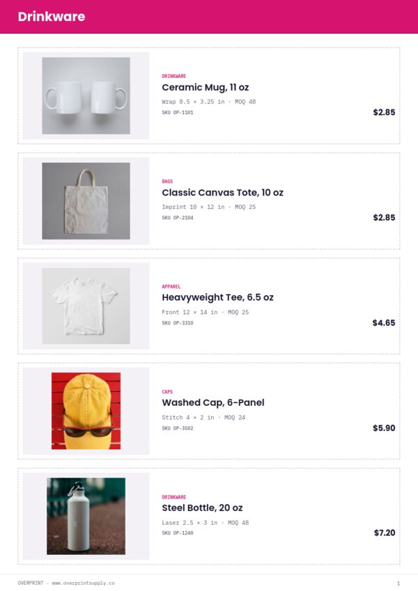 Promotional Products Premium — product page, Line sheet