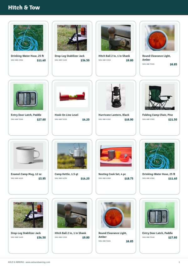 RV & Camping Equipment Premium — product page, 4 × 4 grid