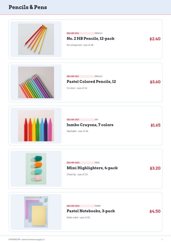 School Supplies Premium — product page, Line sheet