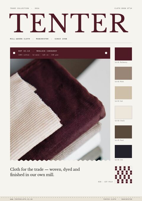 Fabric catalog cover with a tall mulberry serif wordmark, a corduroy photo in mulberry and cream and six colorway chips