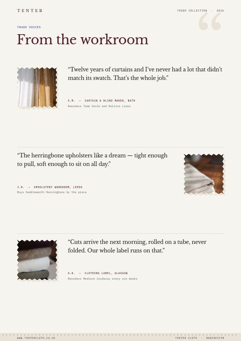Textiles & Fabrics Premium — Testimonials page