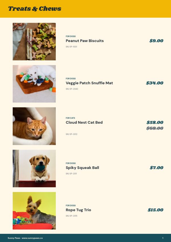 Pet Supplies — product page, Line sheet