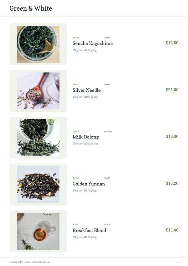 Tea & Botanicals — product page, Line sheet