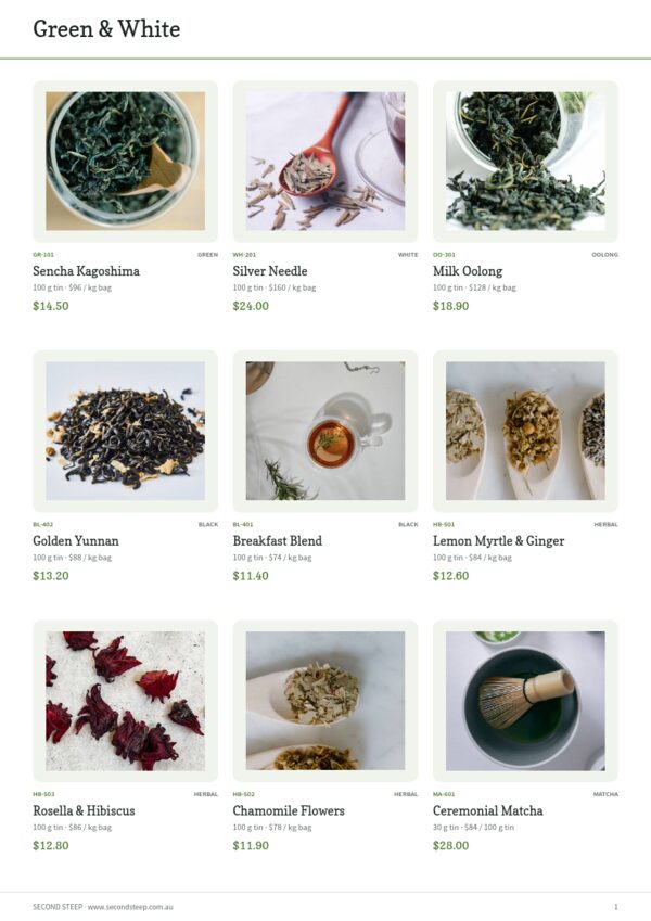 Tea & Botanicals — product page, 3 × 3 grid