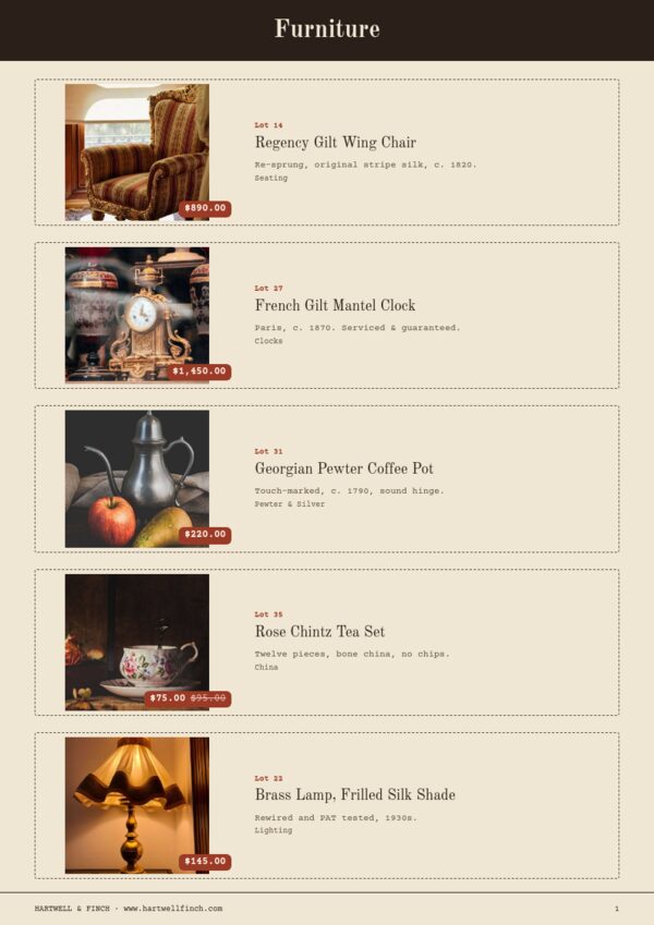 Vintage & Antiques — product page, Line sheet