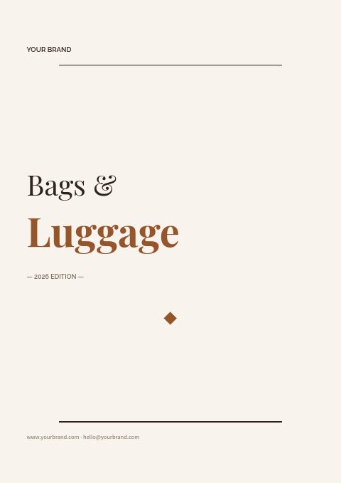 Parchment bag catalog cover with Bags & Luggage in Playfair serif, the word Luggage in cognac, between two thin rules