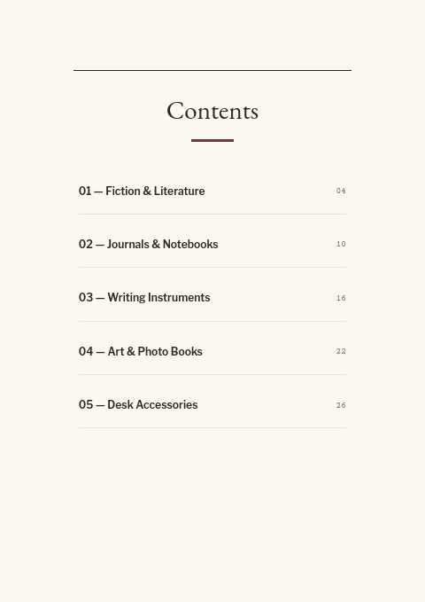 Books & Stationery — Contents page