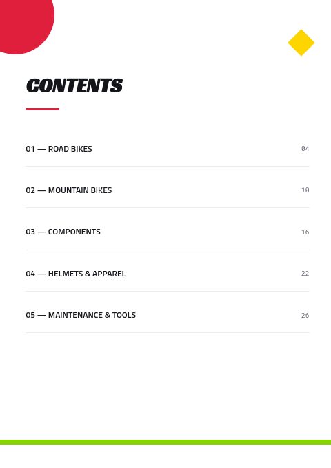 Cycling — Contents page