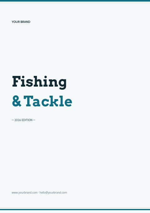 Pale Fishing & Tackle catalog cover with thin teal rules, an Arvo headline in navy and teal and a 2026 edition line