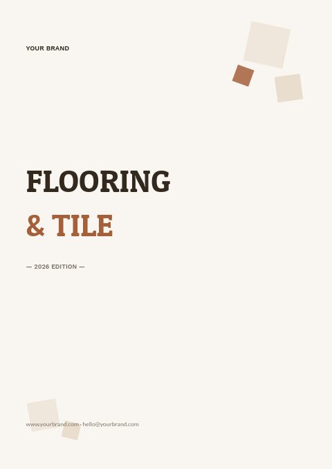 Flooring & Tile catalog cover on off-white with a dark walnut and terracotta slab-serif title and small tilted squares