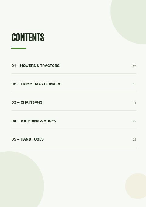 Garden Equipment — Contents page