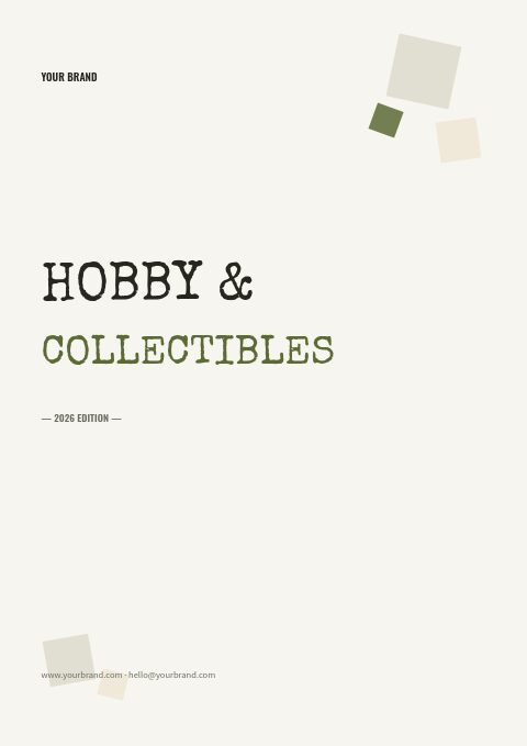 Hobby & Collectibles catalog cover with a black and olive typewriter title on archive paper and small stone squares