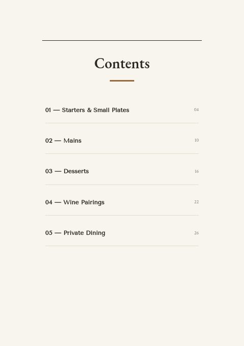 Chef's Table — Contents page