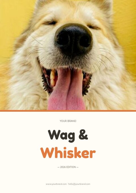 Pet catalog cover with a close-up of a happy dog on yellow above a cream panel with a rounded Wag & Whisker title