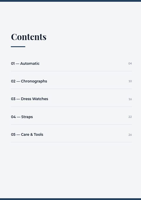 Meridian Watch Co. — Contents page