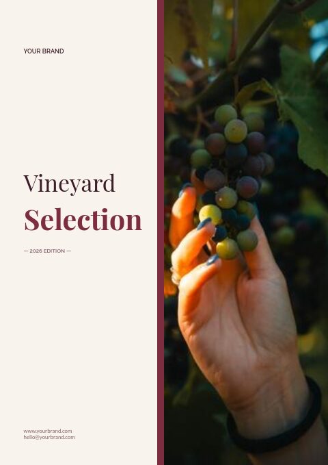 Winery catalog split cover: Vineyard Selection on cream beside a hand cupping a cluster of green and purple grapes