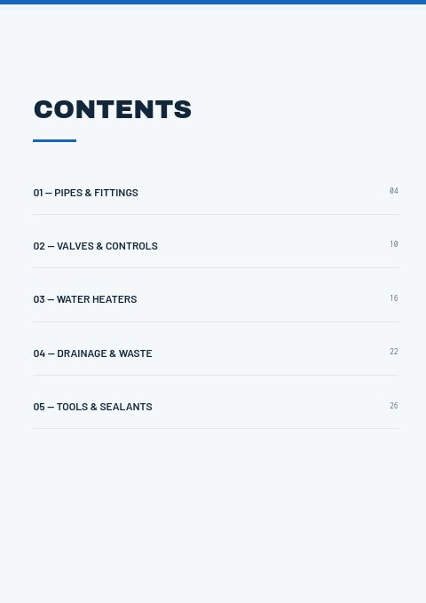 Plumbing Supplies — Contents page