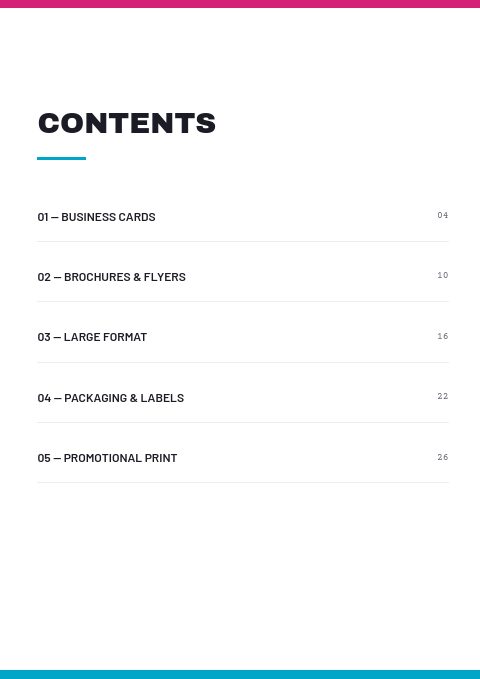 Printing Services — Contents page