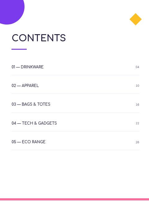 Promotional Products — Contents page
