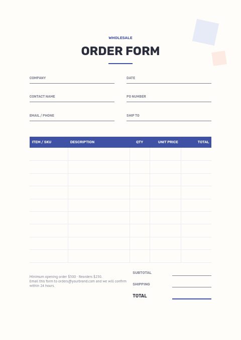 Sewing & Quilting — Order form page