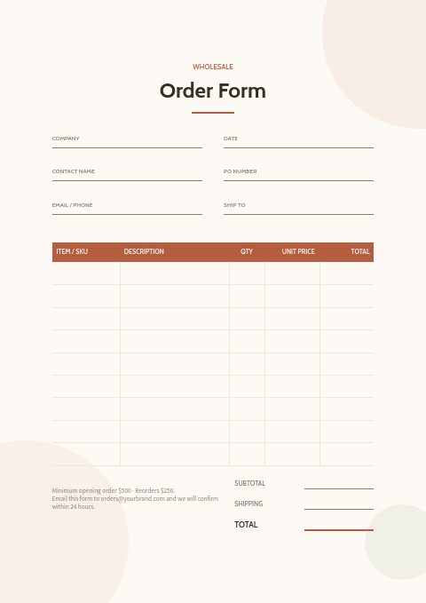 Textiles & Fabrics — Order form page